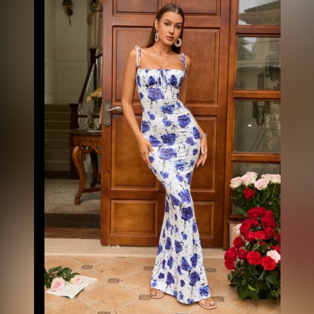 Floral Print Tie Shoulder Mermaid Hem Maxi Cami Dress new without tags